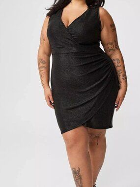 NWT Torrid Mini Foil Surplice Tulip Dress Black Sparkle Ruched LBD Plus sz 3 3X